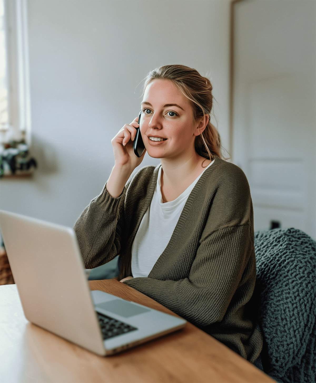 Frau sitzt am Tisch und hält ihr Smartphone ans Ohr zum Telefonieren. Vor ihr steht ein aufgeklappter Laptop
